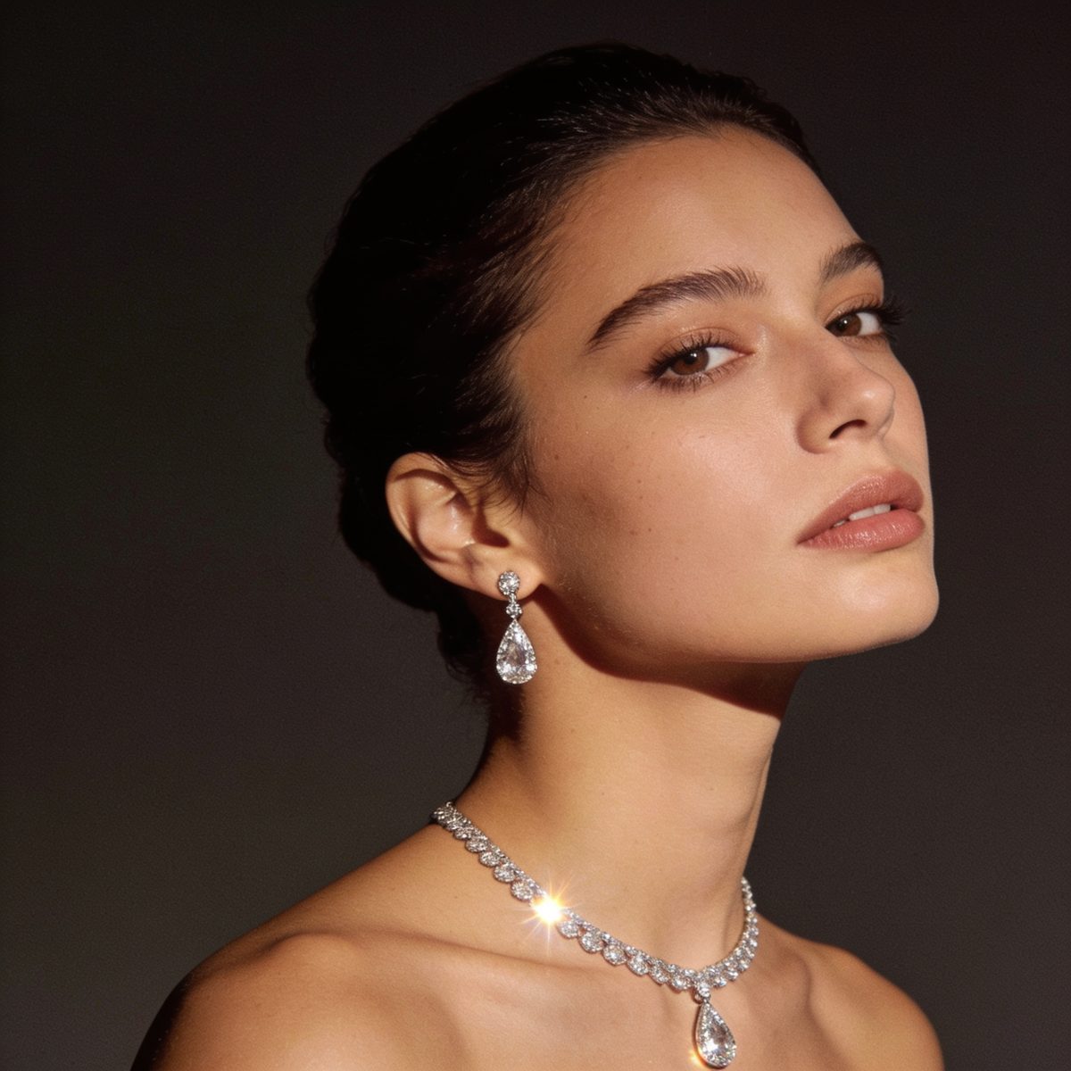 Woman wearing the diamond drop necklace