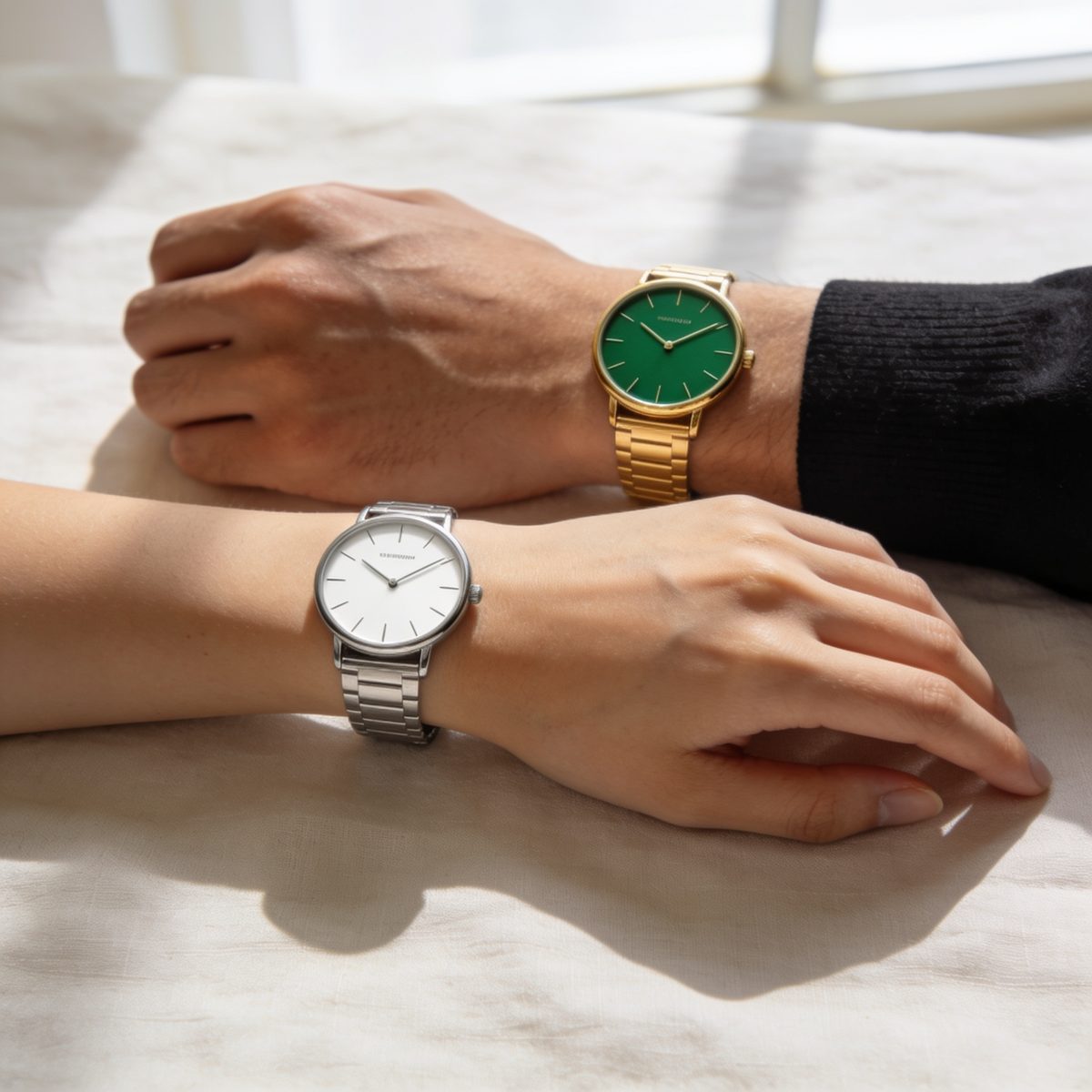 Wrists wearing slim dress watches